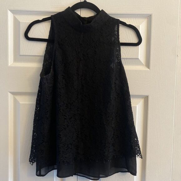 WHBM Black‎ Lace Overlay Sleeveless Blouse 6 Button Back Whimsigoth Corp Career - Picture 1 of 9